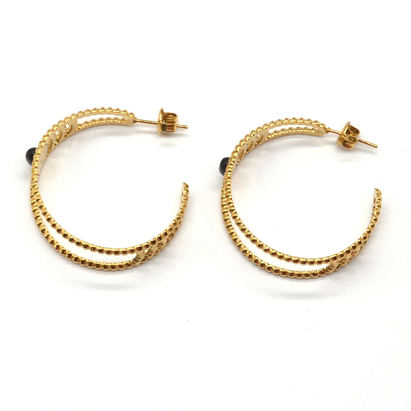 Pendientes de aro de oro, pendientes de aro en forma de C, ágata negra, orejas sensibles femeninas, joyas hipoalergénicas, fábrica de procesamiento de joyas de China Ruifanbao