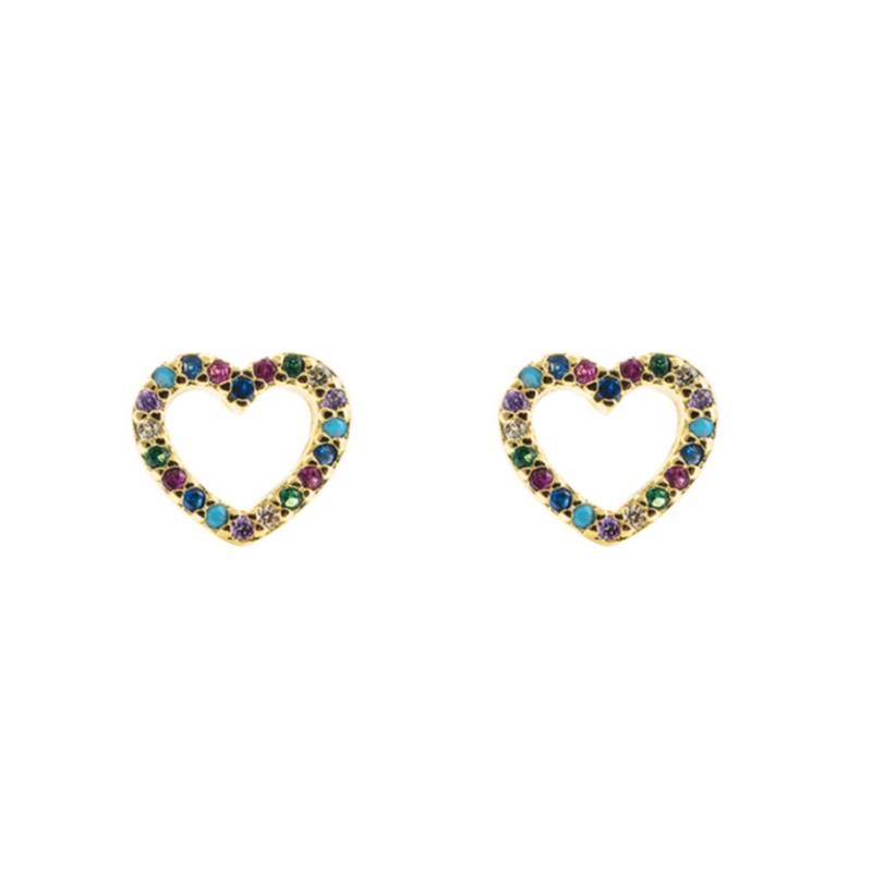 Pendientes de moda europeos y americanos Color micro-incrustado Color Zircon Pendientes de arco iris chapado en oro Hip-hop Pendientes para mujer en forma de corazón