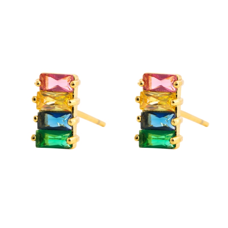 Moda transfronteriza All-Match Pendientes Arco iris Pendientes de latón Inlaid Colorido Zircon Pendientes geométricos europeos y americanos Pendientes chapados en oro