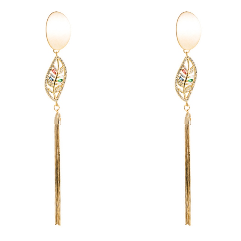 Pendientes de tendencia de moda europea y americana, pendientes populares femeninos, cobre micro-incrustado zircon tassel largo aretes de hoja