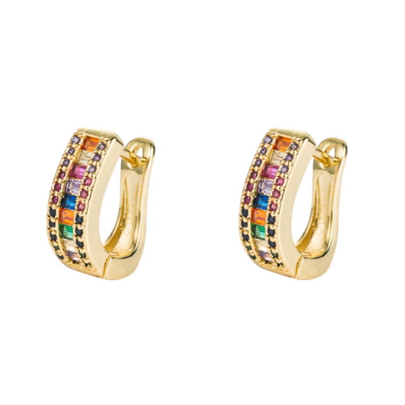 ins European and American Color-Preserving Electroplate Brass Micro-Inlaid Pendientes de Zircon Pendientes en forma de U Geométrico Geométrico Diamante Pendientes Oído Hebilla Mujeres
